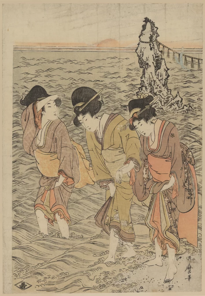 Traditional Japanese Women Ocean Sunset Rock Kimonos