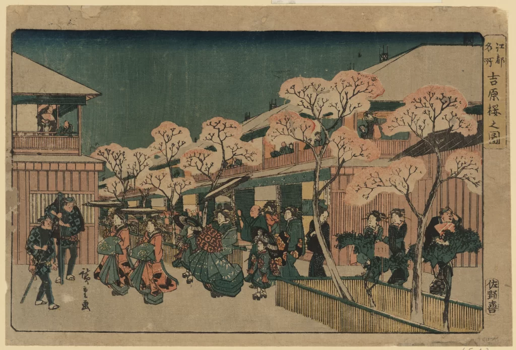 Traditional Japanese Woodblock Print Cherry Blossoms Edo Period Cultural Scene Historical Art
