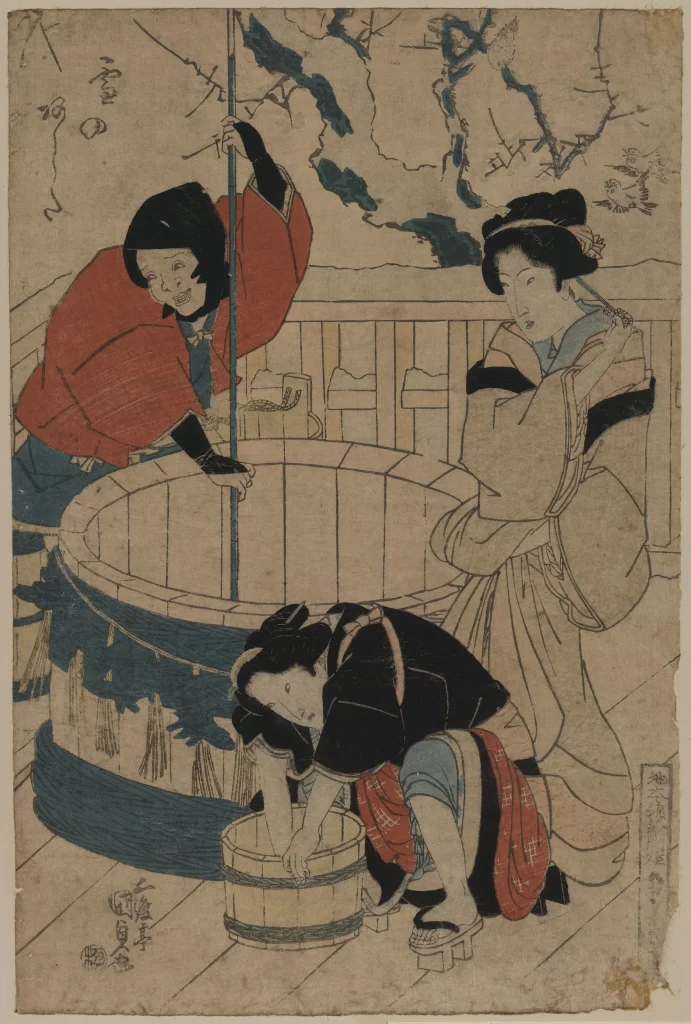 Traditional Japanese Woodblock Print Daily Life Well Clothing Cultural Scene