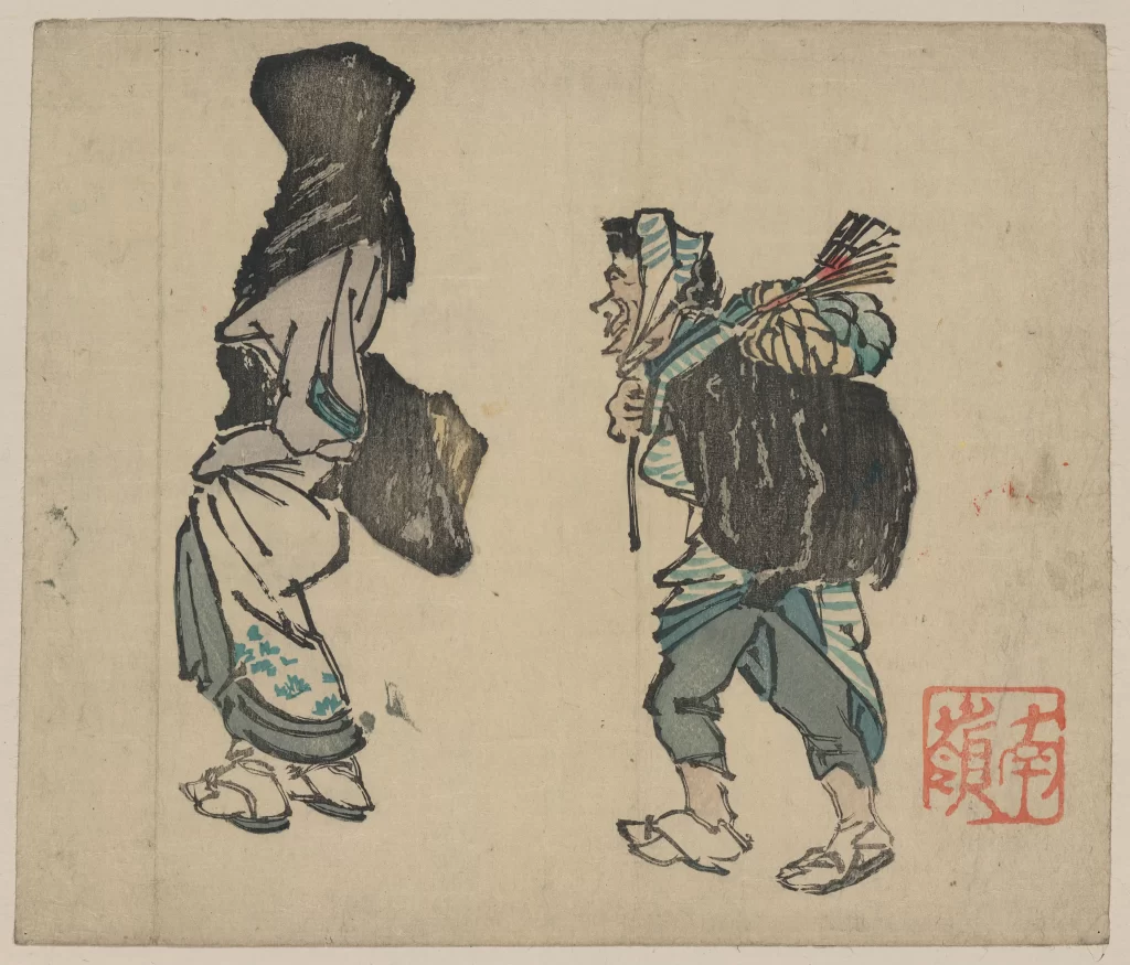 Traditional Japanese Woodblock Print Figures Historical Attire Cultural Art Ukiyo-e Style