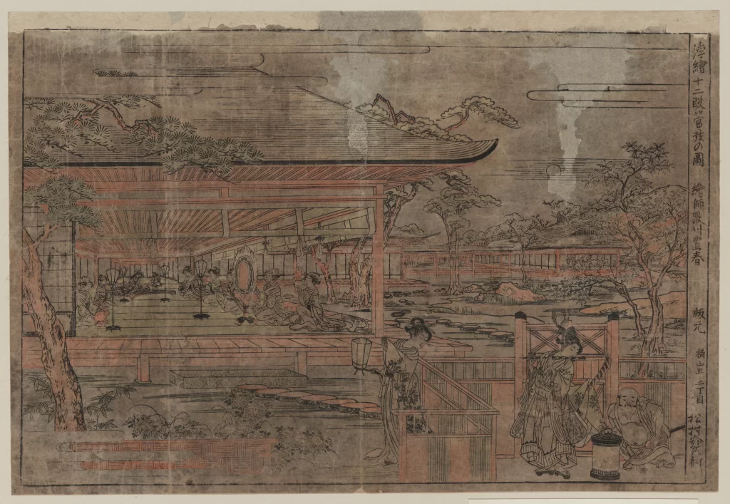 Traditional Japanese Woodblock Print Garden Architecture Figures Nature