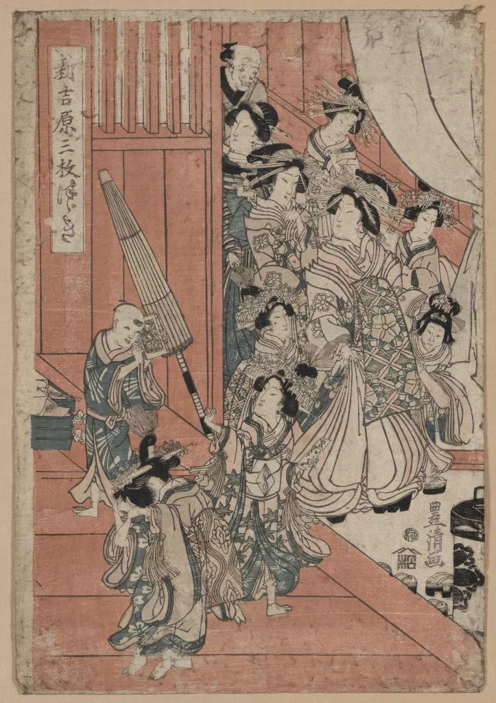 Traditional Japanese Woodblock Print Historical Scene Cultural Attire Artistic Expression