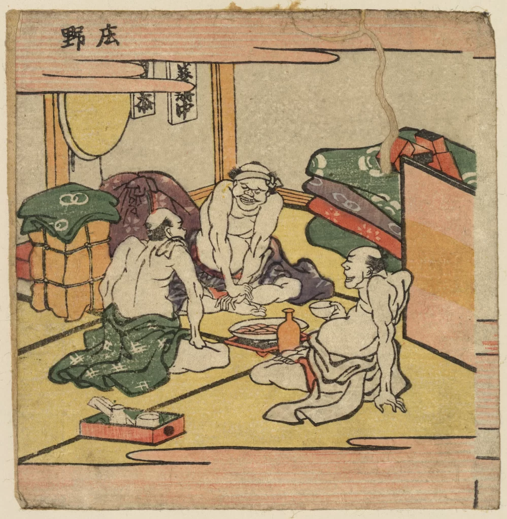 Traditional Japanese Woodblock Print Sumo Wrestlers Meal Cultural Scene Historical Art
