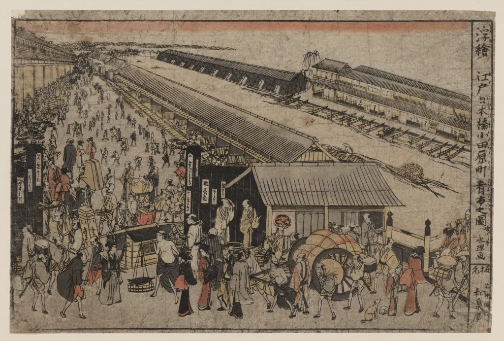 Traditional Market Historical Scene Japanese Art Edo Period Woodblock Print Bustling Activity