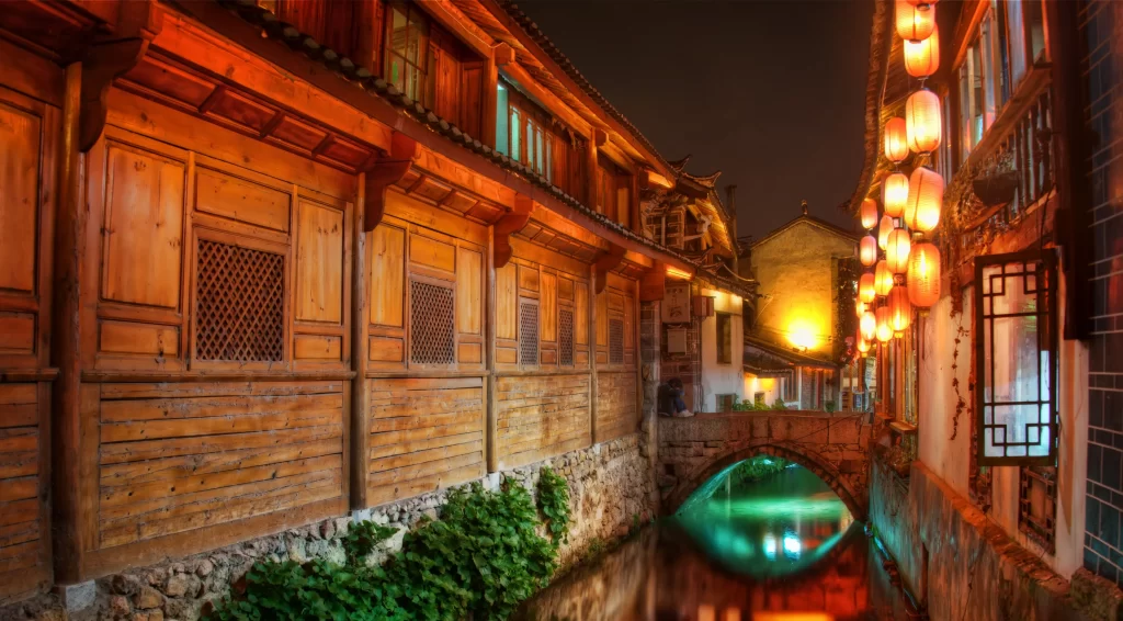 Traditional architecture lanterns canal night reflection wooden buildings bridge