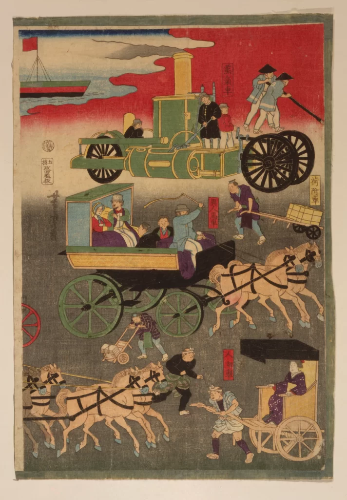 Transportation Steam Engine Horse-drawn Carriage Traditional Attire Dynamic Scene Historical Setting