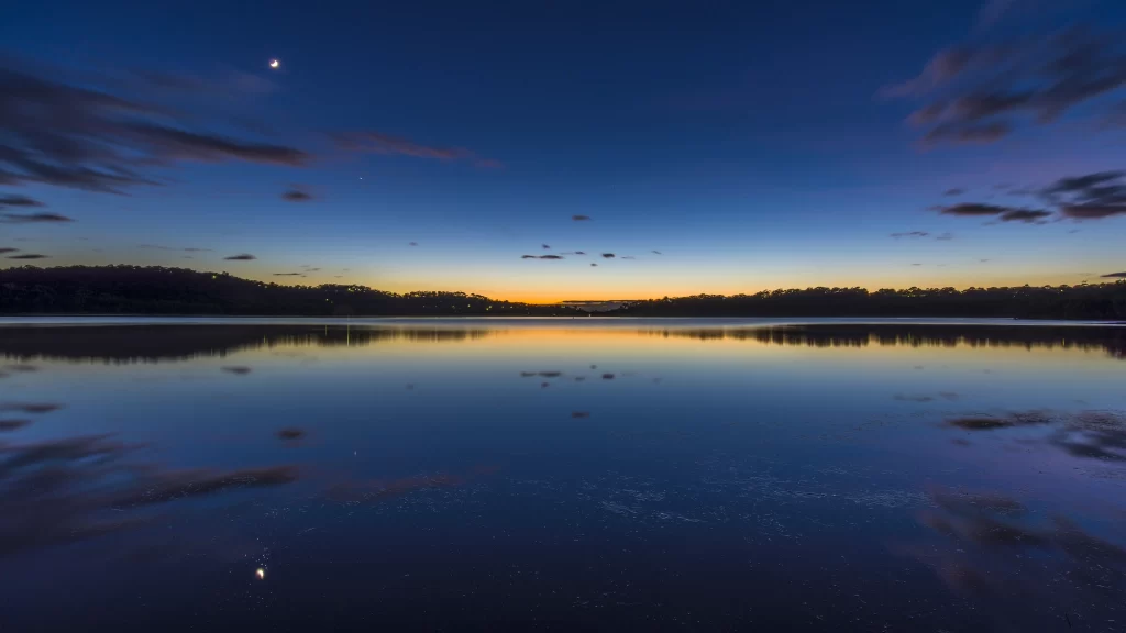 Twilight Lake Reflections Clouds Moon Horizon