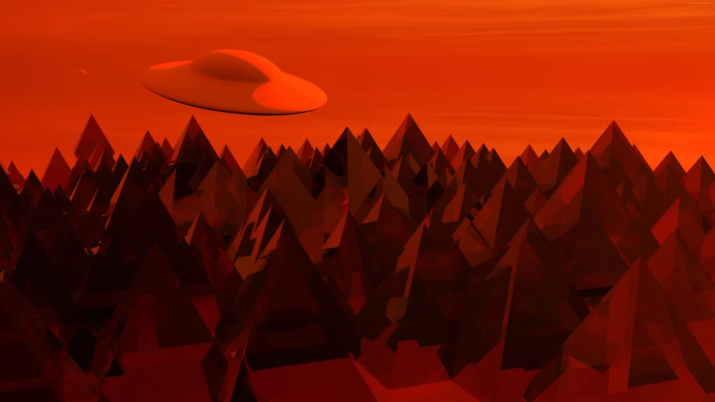 UFO landscape red sky mountains sunset