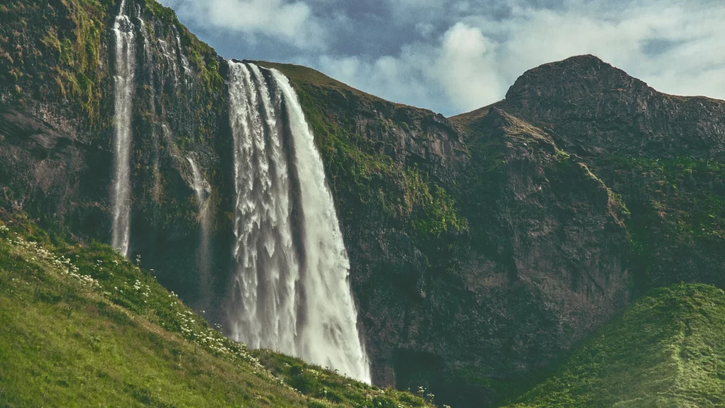 Waterfall Mountain Greenery Sky Nature Scenic