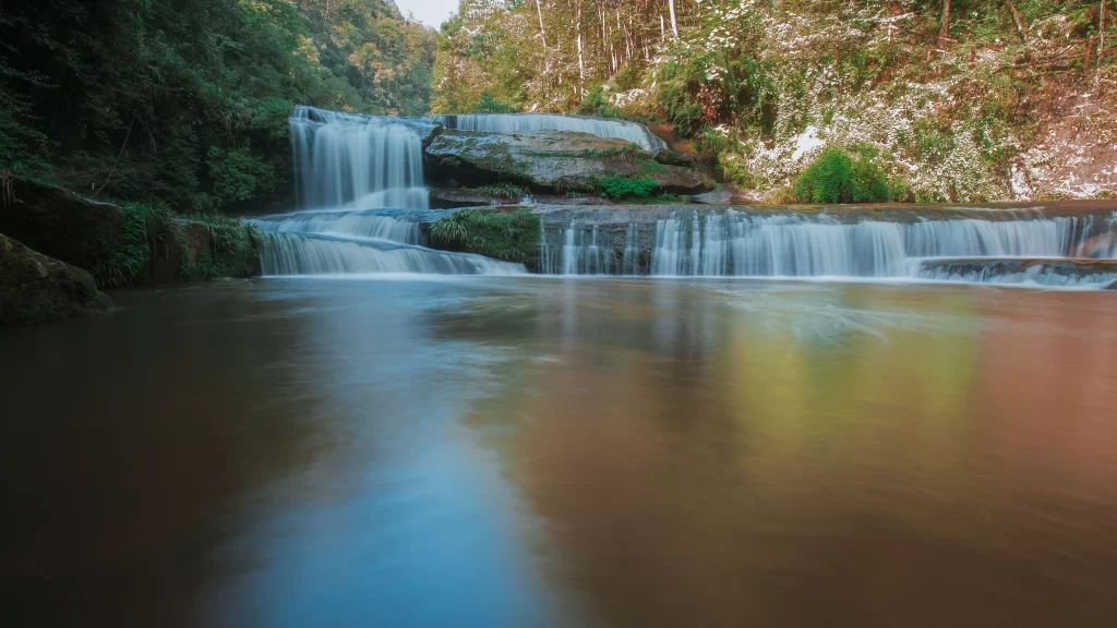 Waterfall Nature Greenery Reflection River Forest