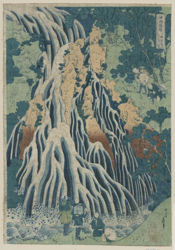Waterfall Nature Trees People Traditional Japanese Art