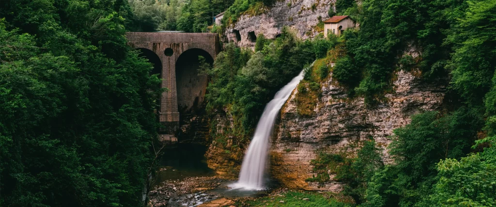 Waterfall Bridge Greenery Nature Architecture Serene