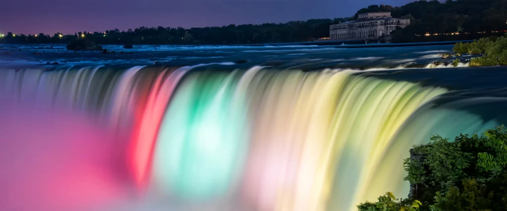 Waterfall Colorful Lights Night Nature Serene Illuminated