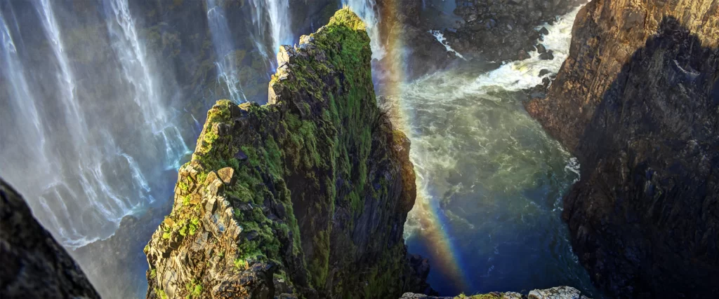 Waterfall Rainbow Rocky Greenery Mist Serene