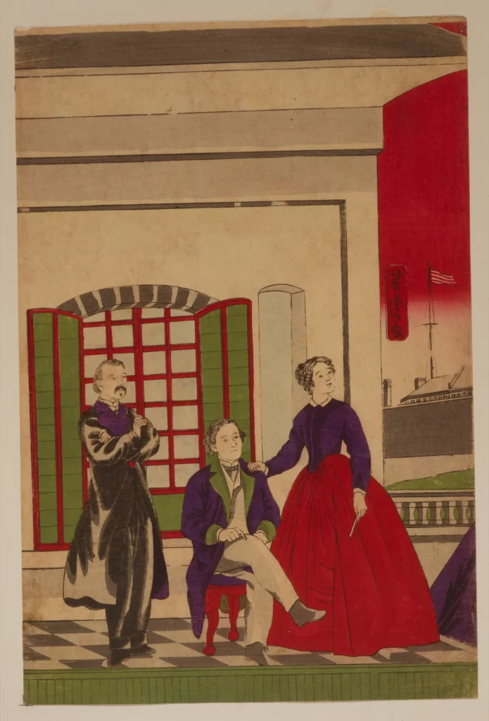 Western Attire Architectural Setting Red And Green Traditional Japanese Cultural Fusion Historical Scene