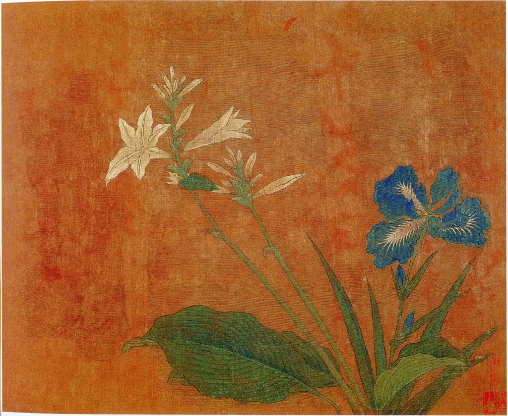 White Lily Blue Iris Orange Background Huang Jucai