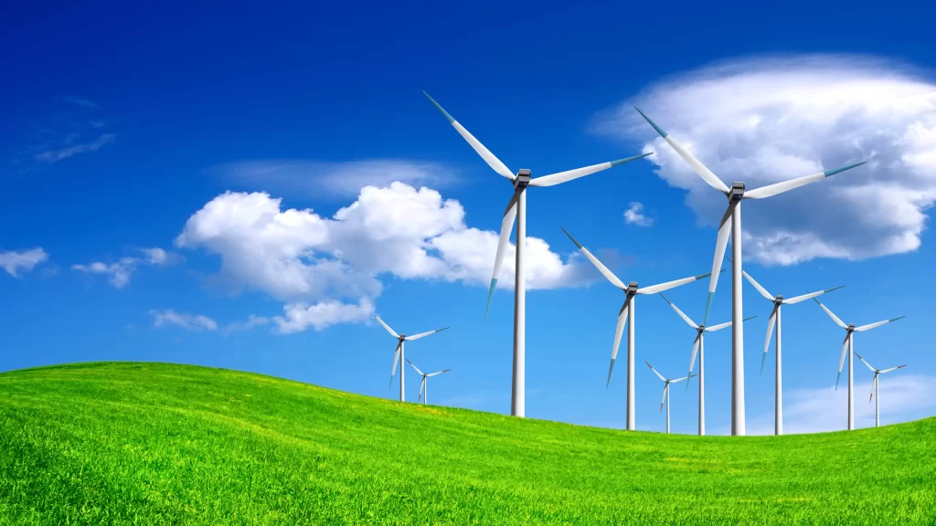 Wind Turbines Green Grass Blue Sky White Clouds Renewable Energy