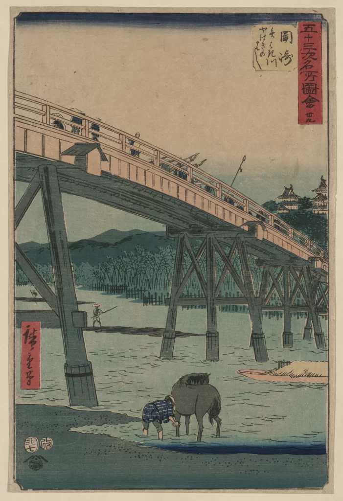 Wooden Bridge River Horse Person Traditional Landscape
