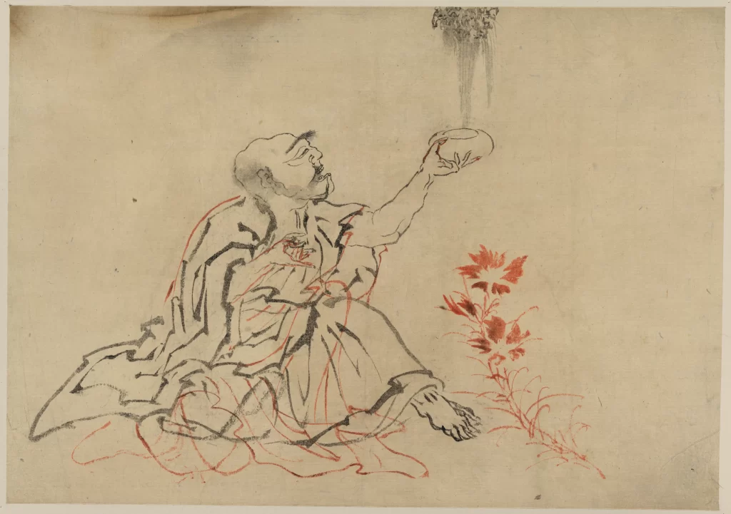 Zen Monk Ink Wash Contemplation Lotus Flower Traditional Attire