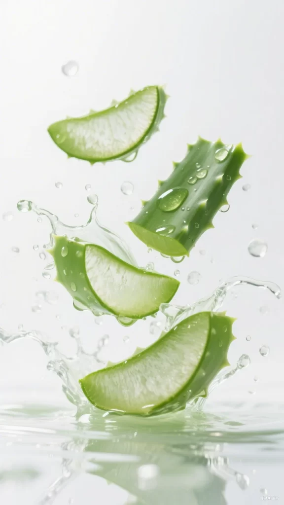 Aloe Vera Slices Water Splash Droplets Fresh