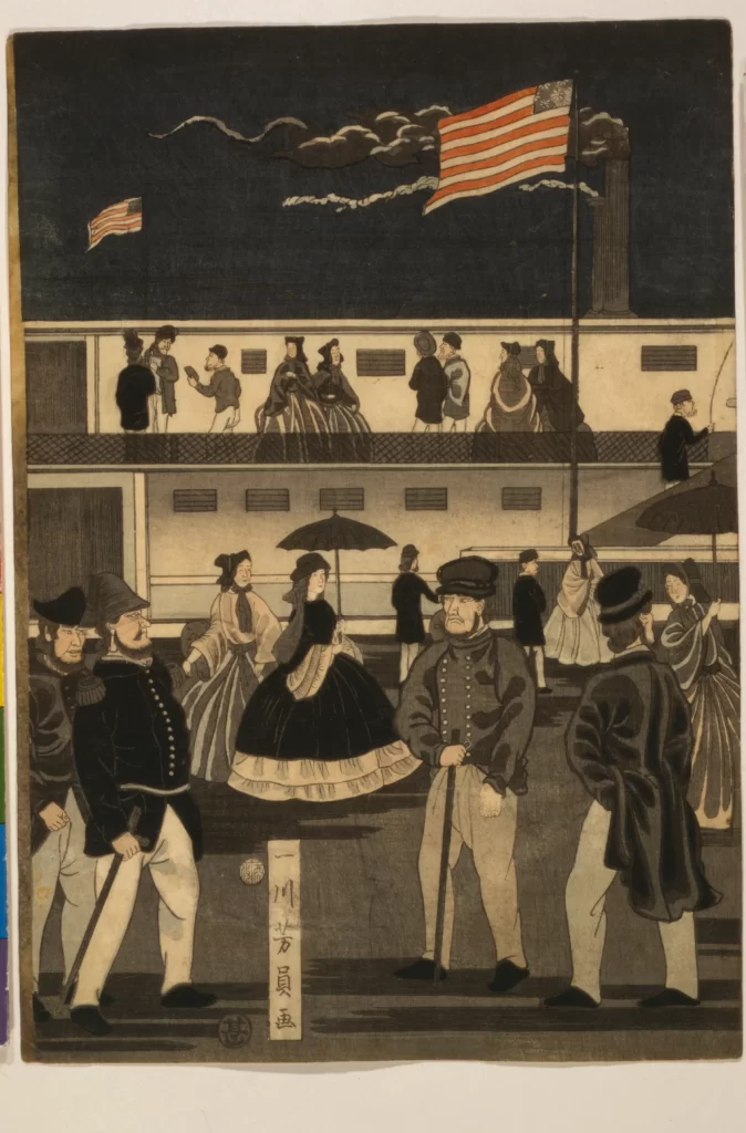 American Flag Historical Scene Traditional Attire Steamship Japanese Art Cultural Exchange