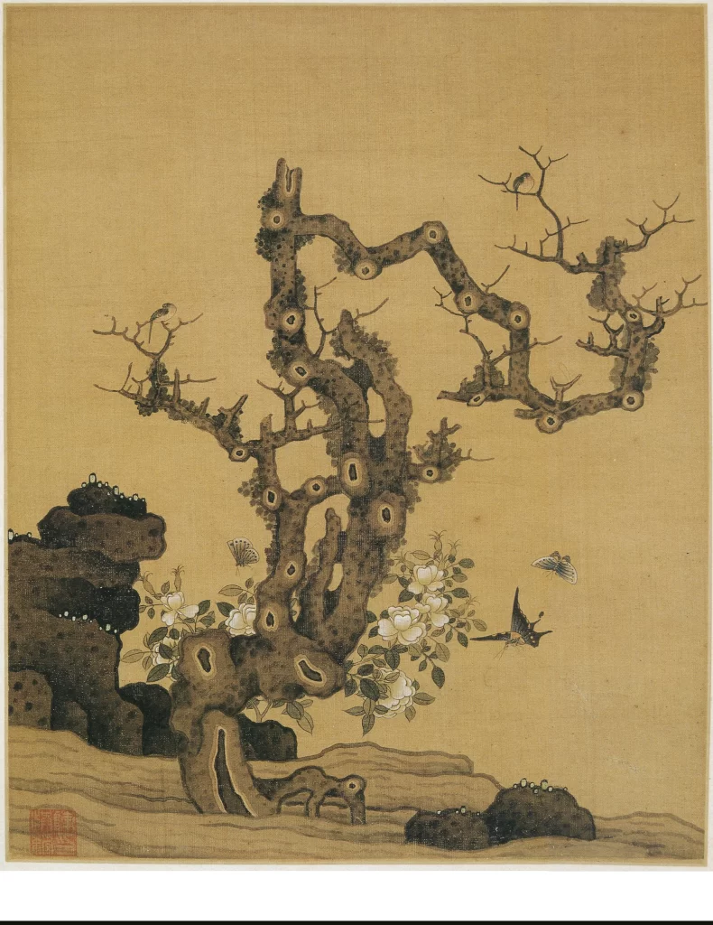 Ancient Tree Rock White Flowers Birds Butterflies Chen Hongshou