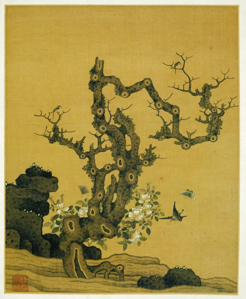 Ancient Tree Rock White Flowers Birds Butterflies Chen Hongshou