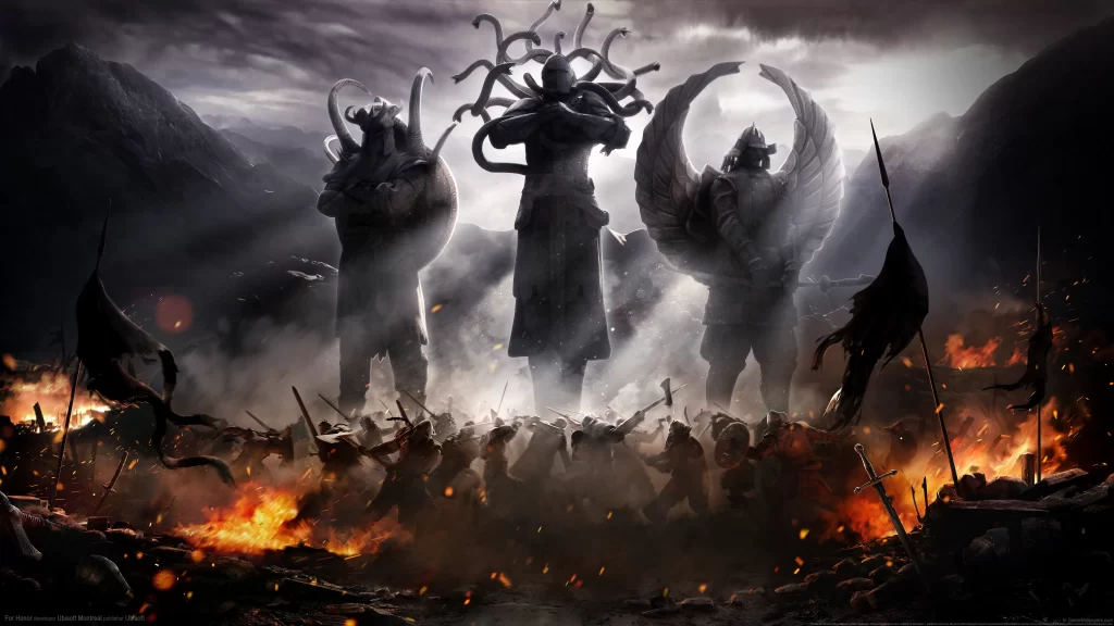 battle warriors statues fire mountains chaos