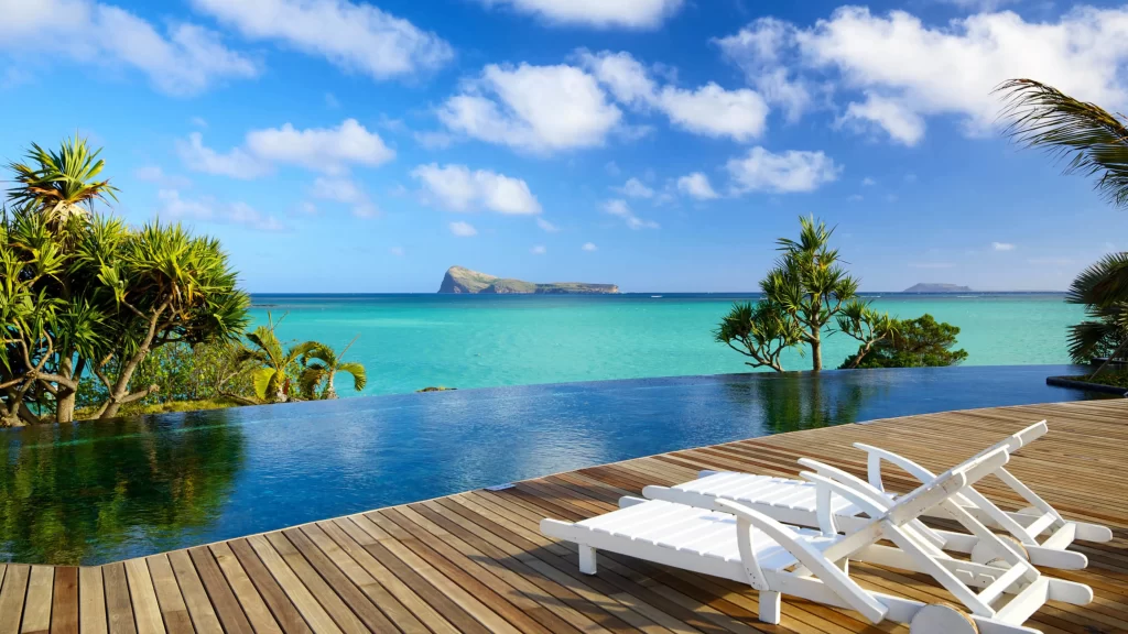 Beach Ocean Lounge Chairs Tropical Sky Clouds
