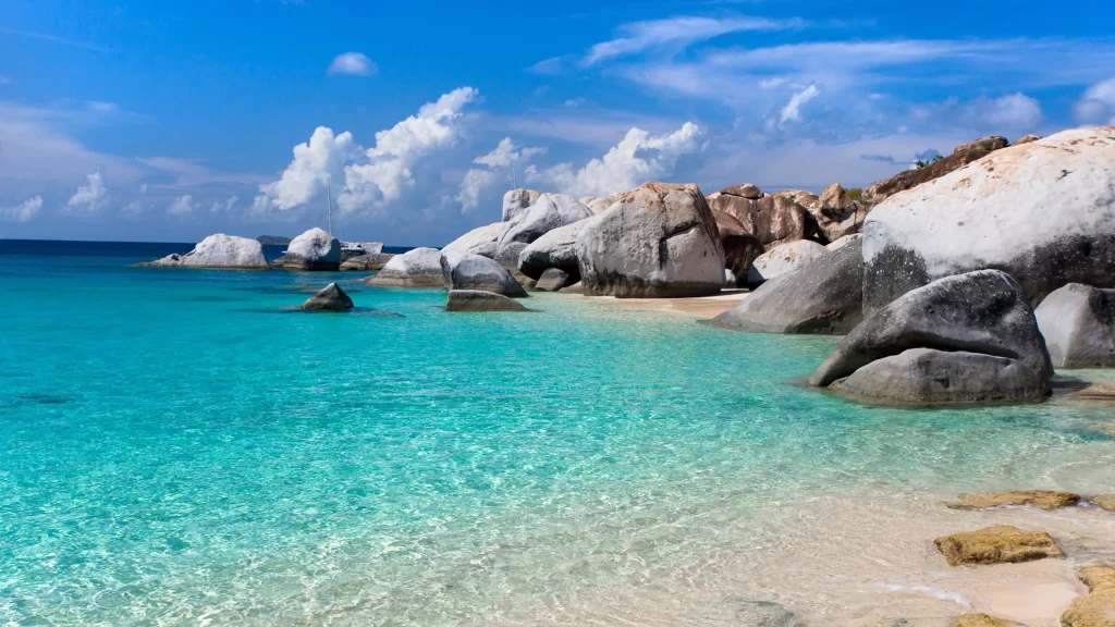 Beach Ocean Rocks Clear Water Blue Sky Clouds