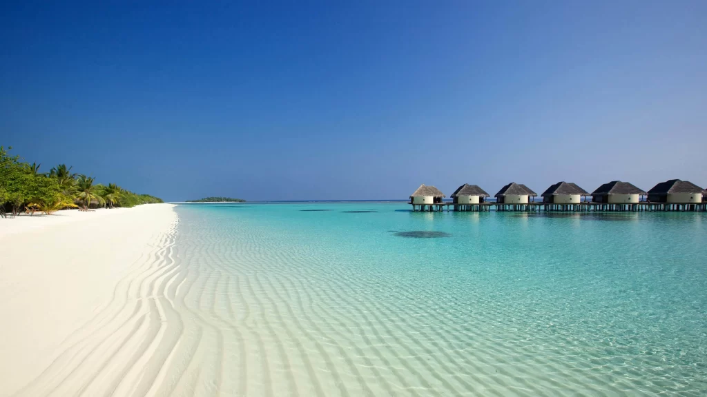 Beach Water Bungalows Clear Sky Tropical Serene