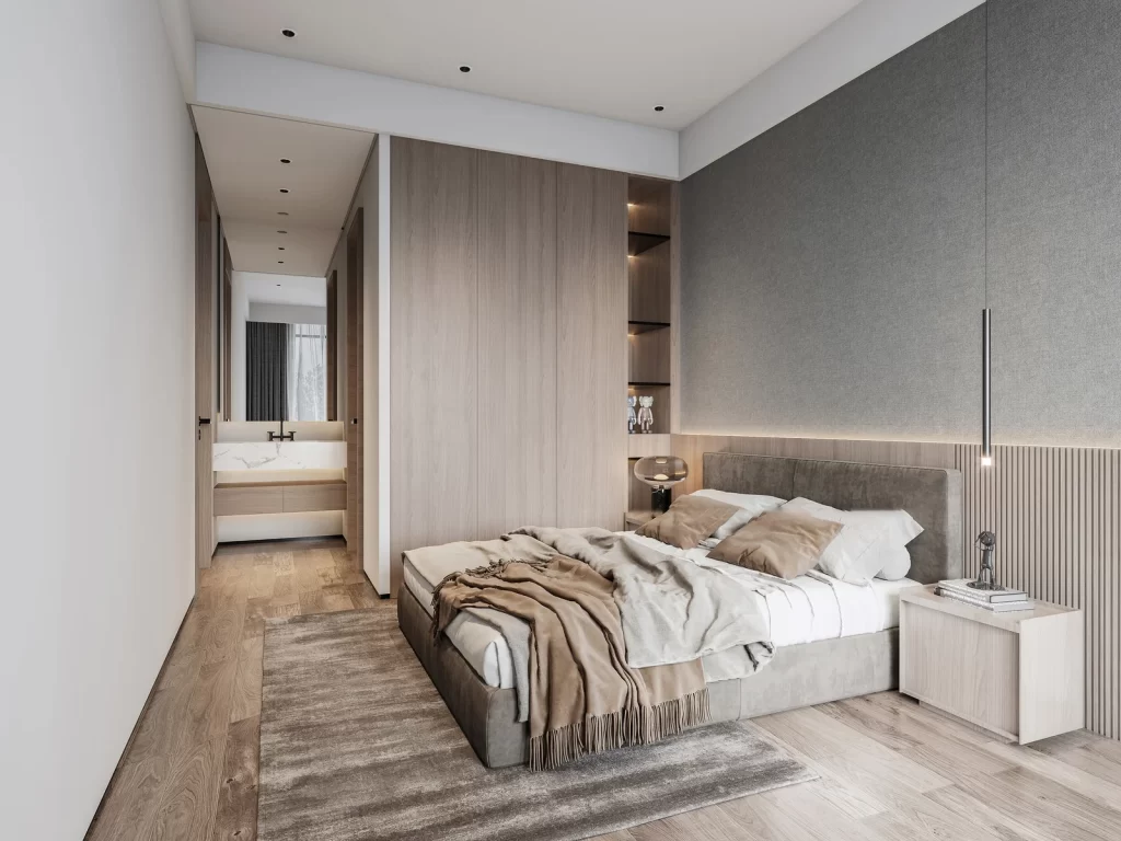 Bedroom Neutral Tones Wooden Flooring Minimalist Bedside Table Soft Lighting