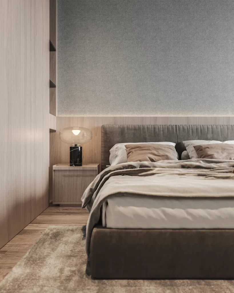 Bedroom Neutral Tones Wooden Headboard Bedside Table Table Lamp