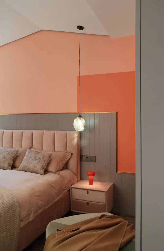 Bedroom Soft Peach Color Scheme Modern Minimalist Bedside Table Pendant Light