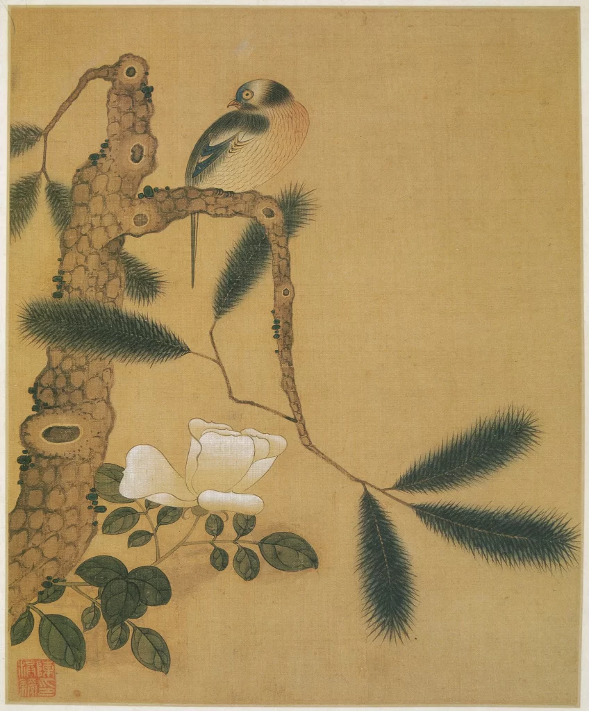 Bird Gnarled Tree Pine Needles White Flower Chen Hongshou