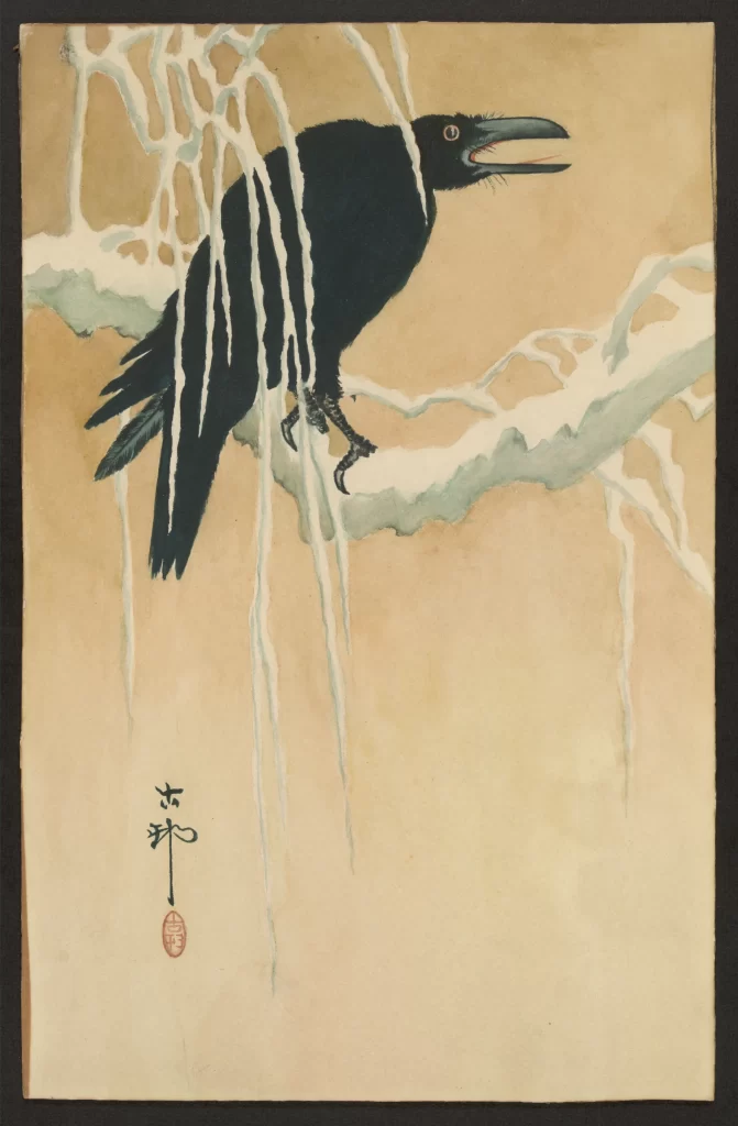 Black Crow White Snow Branch Traditional Art Japanese Style Nature