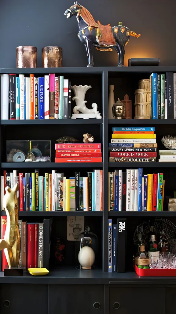 Black Maximalist Bookshelf With Global Artifacts