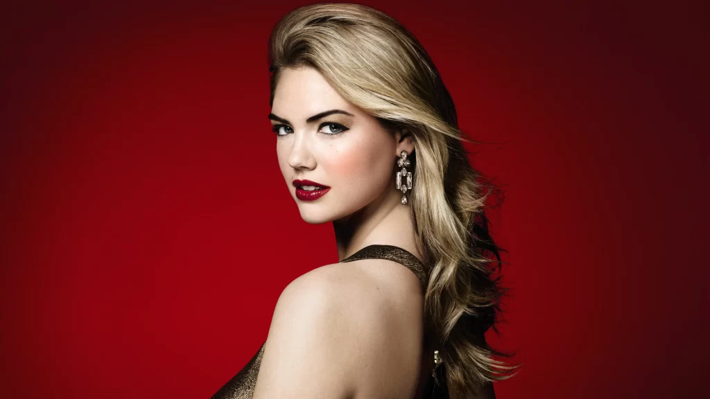 blonde hair red background elegant dress earrings glamour portrait