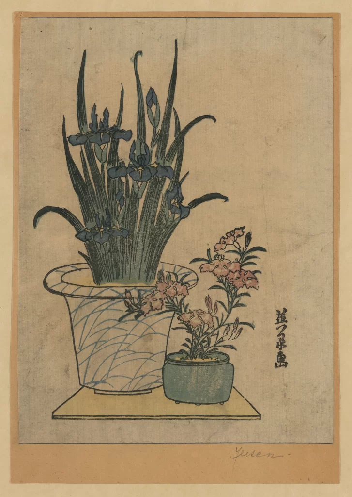 Blue Flowers Green Leaves Vase Traditional Art Japanese Style