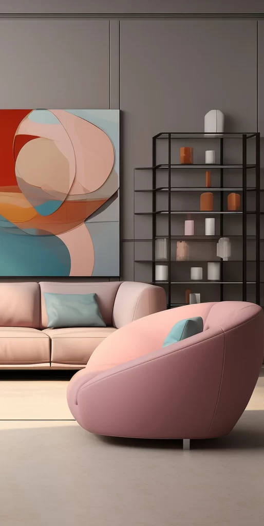 Blush Pink Curved Armchair with Abstract Art