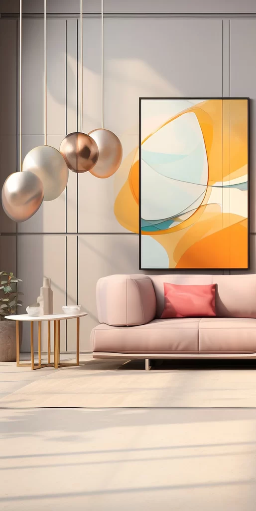 Blush Pink Sofa with Spherical Pendant Lights
