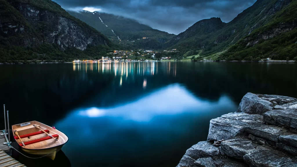 boat lake mountains reflection twilight