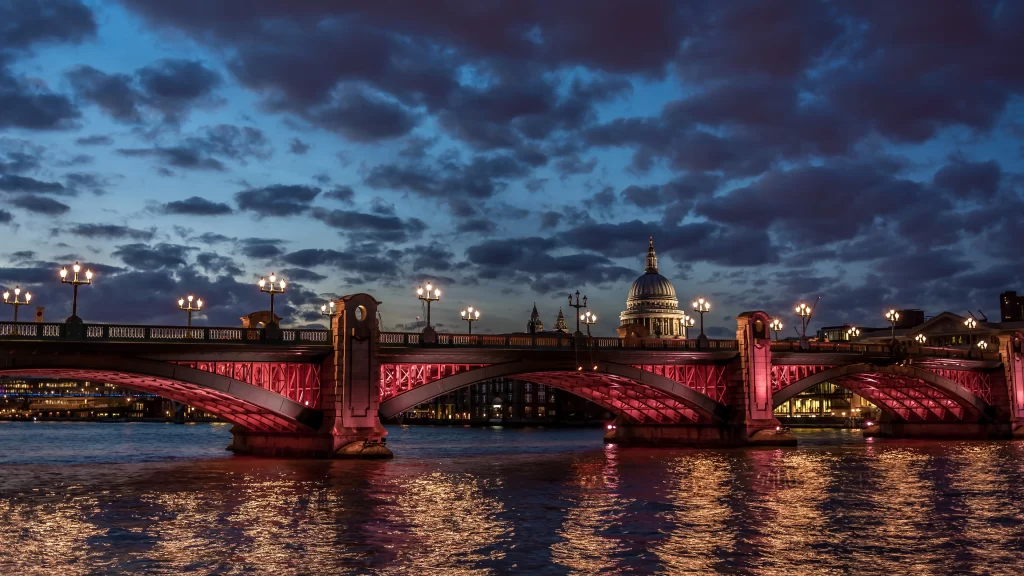 bridge river lights dusk cityscape reflection