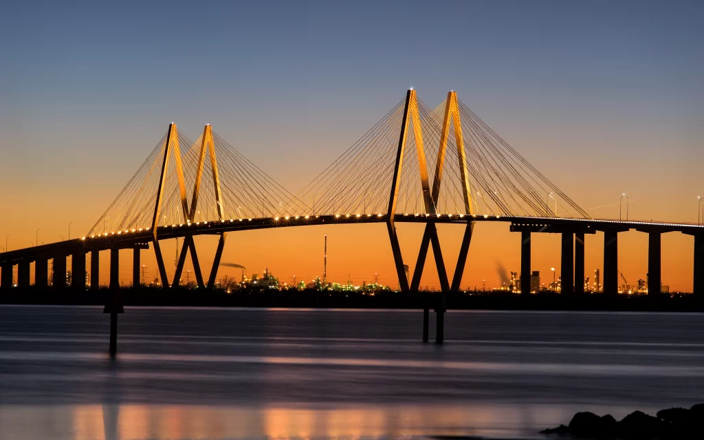 bridge sunset water cityscape lights reflection