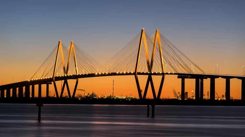 bridge sunset water cityscape twilight lights
