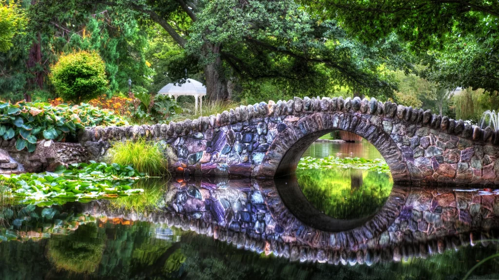 bridge water reflection nature greenery tranquility