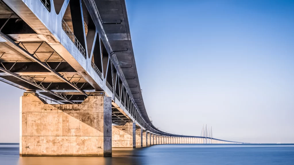 bridge water sky structure perspective sunlight