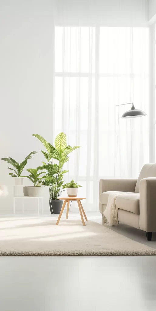 Bright Minimalist Living Room With Green Plants