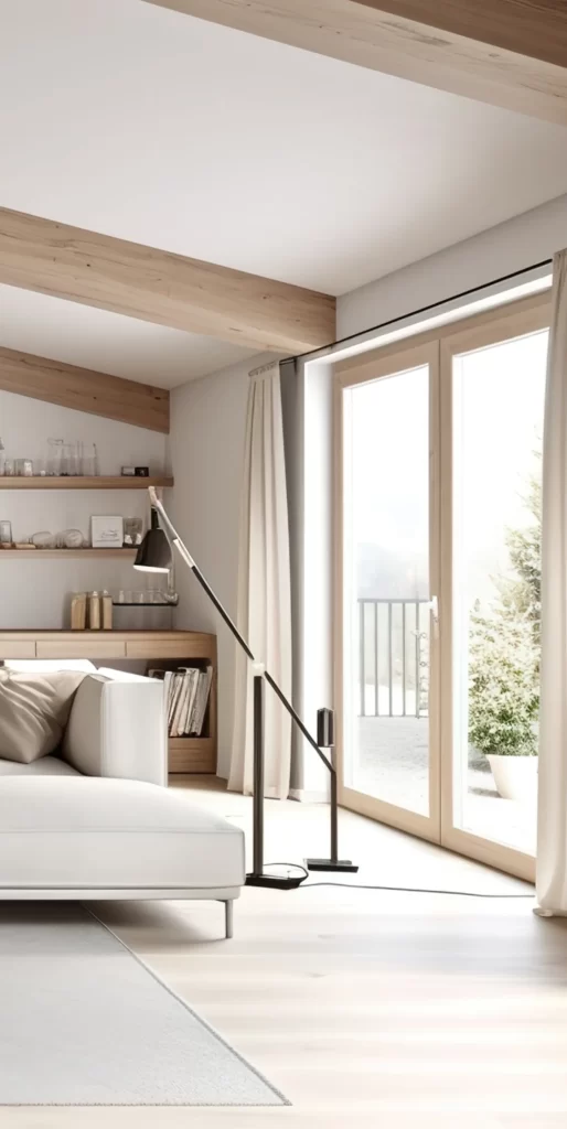 Bright Minimalist Living Room With Scandinavian Wooden Beams