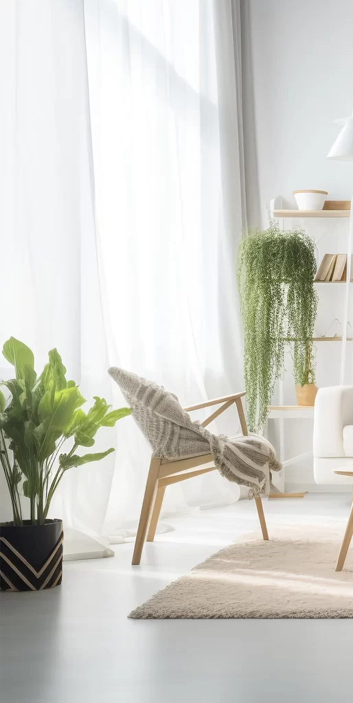 Bright Minimalist Living Room With Wooden Chair And Plants